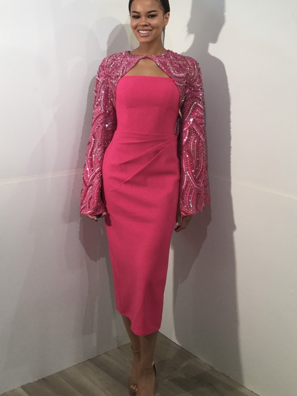 Jovani Hot Pink Strapless Midi Dress with Beaded Capelet